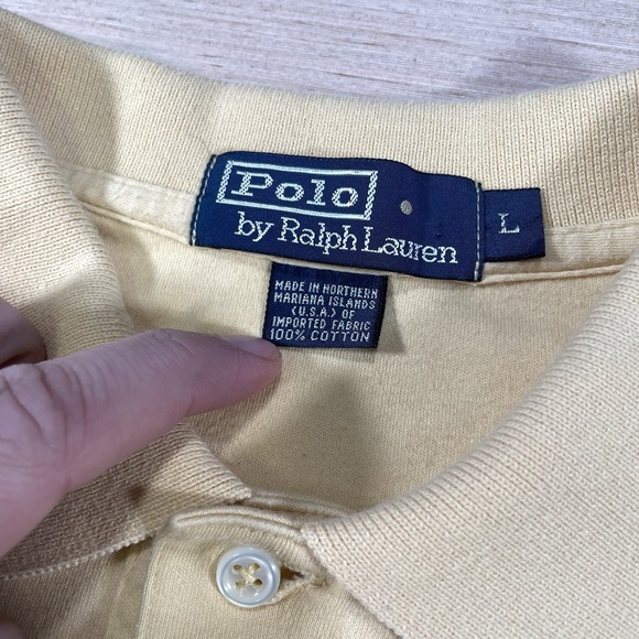 Polo Ralph Lauren Shirt Mens Large Yellow Short Sleeve Dark Blue Pony Vintage - Picture 5 of 8